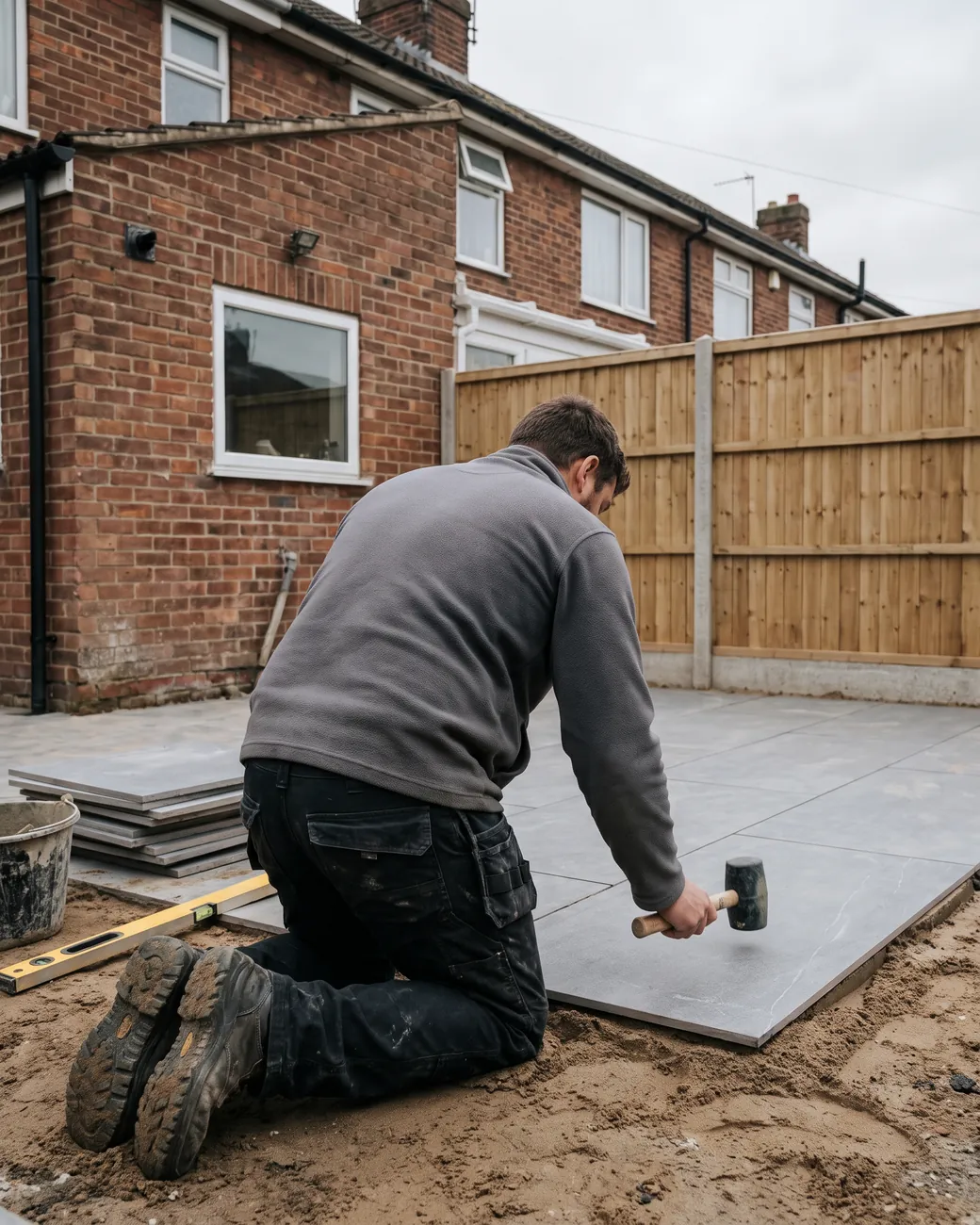 A BAM Landscapes worker kneeling to lay a grey porcelain paving slab with a rubber mallet, in a modest Berkshire back garden with a new fence