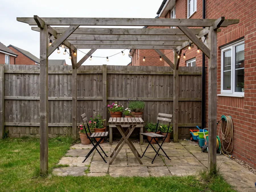 Timber pergola with festoon lights over a small paved seating area and bistro set in a suburban back garden