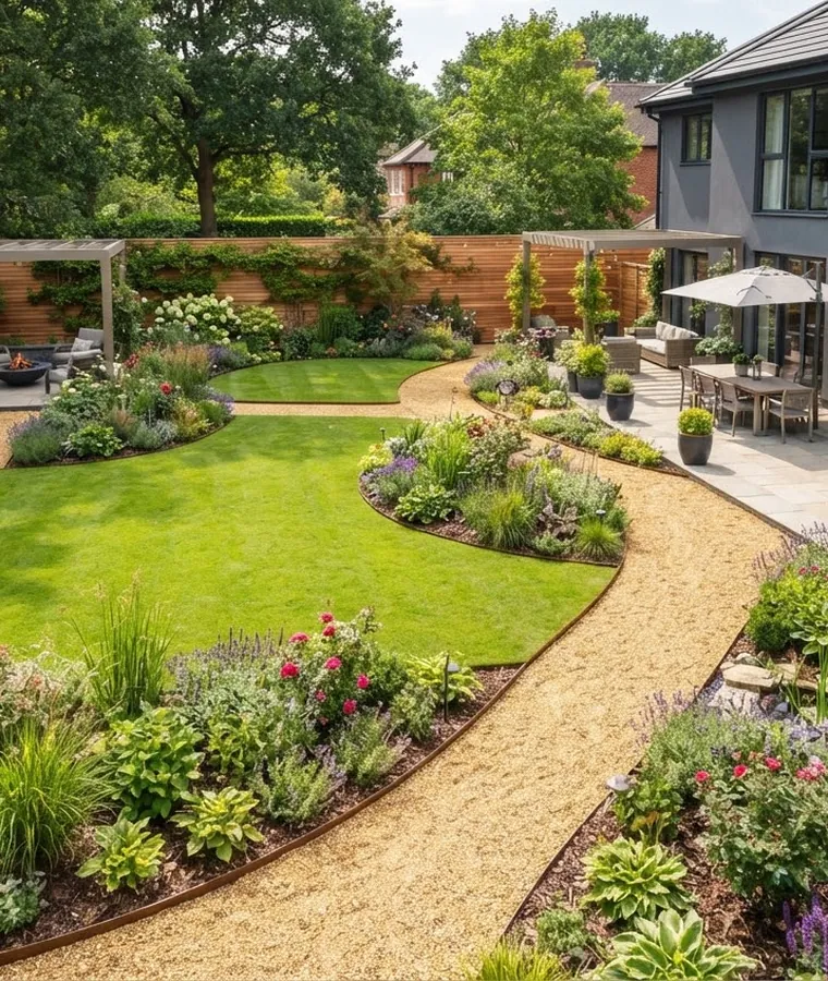 Curved gravel path running between a shaped lawn and newly planted borders in a rebuilt rear garden