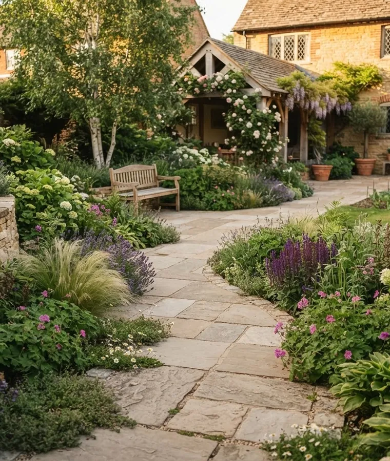 Stone patio and path with dry stone retaining wall and dense mixed planting after a full garden transformation