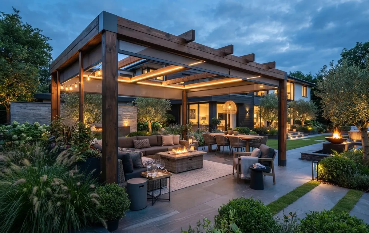 Large timber pergola with integrated lighting above a porcelain-paved terrace and sunken seating