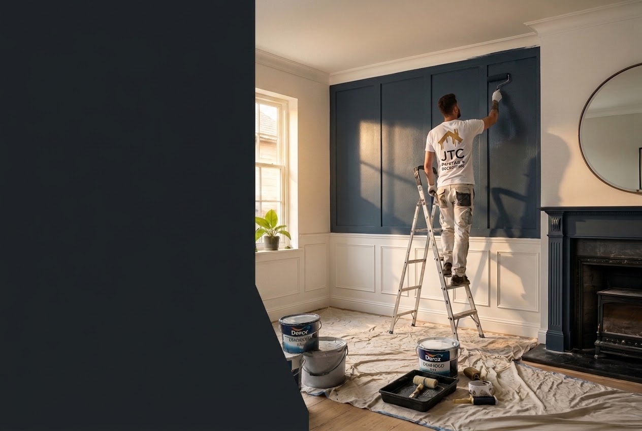 JTC decorator on a ladder painting panelled walls in a modern home interior