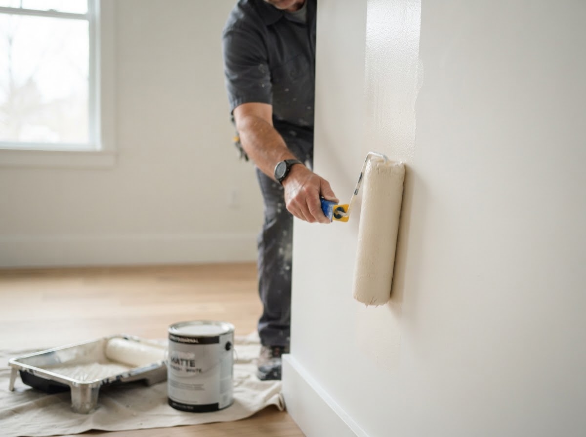 Freshly painted interior room with clean white walls and ceiling