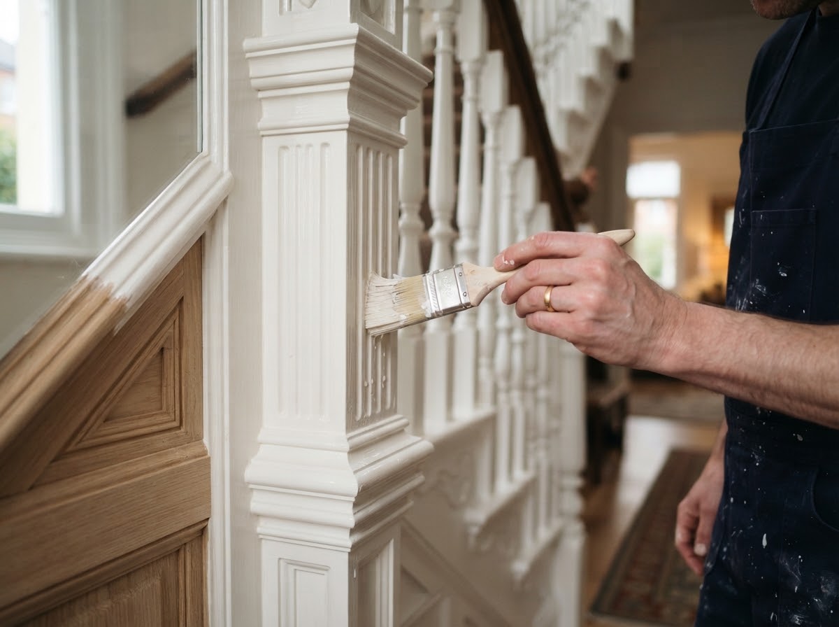 Detailed woodwork on a painted door and frame with a smooth finish