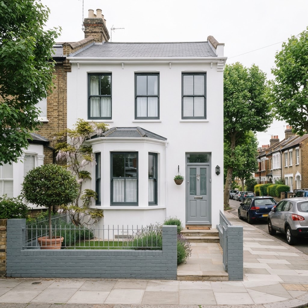 Exterior of a period property with freshly painted rendering and trim