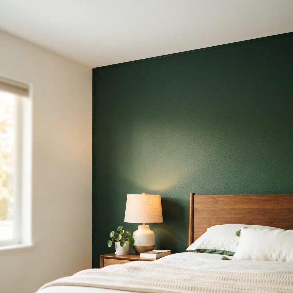 Bedroom with a deep green painted feature wall