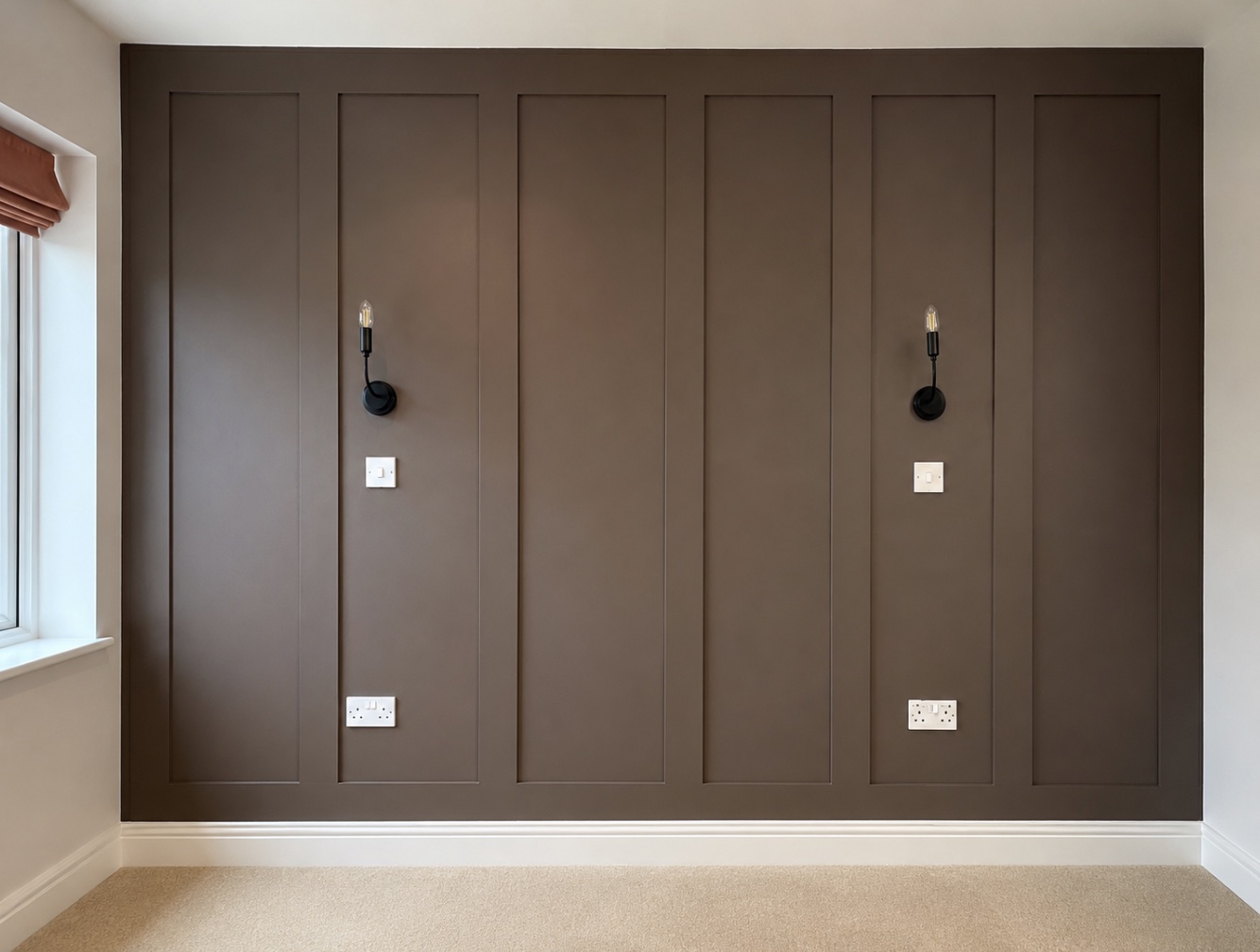 Brown panelled feature wall with black wall lights, freshly painted with a smooth finish