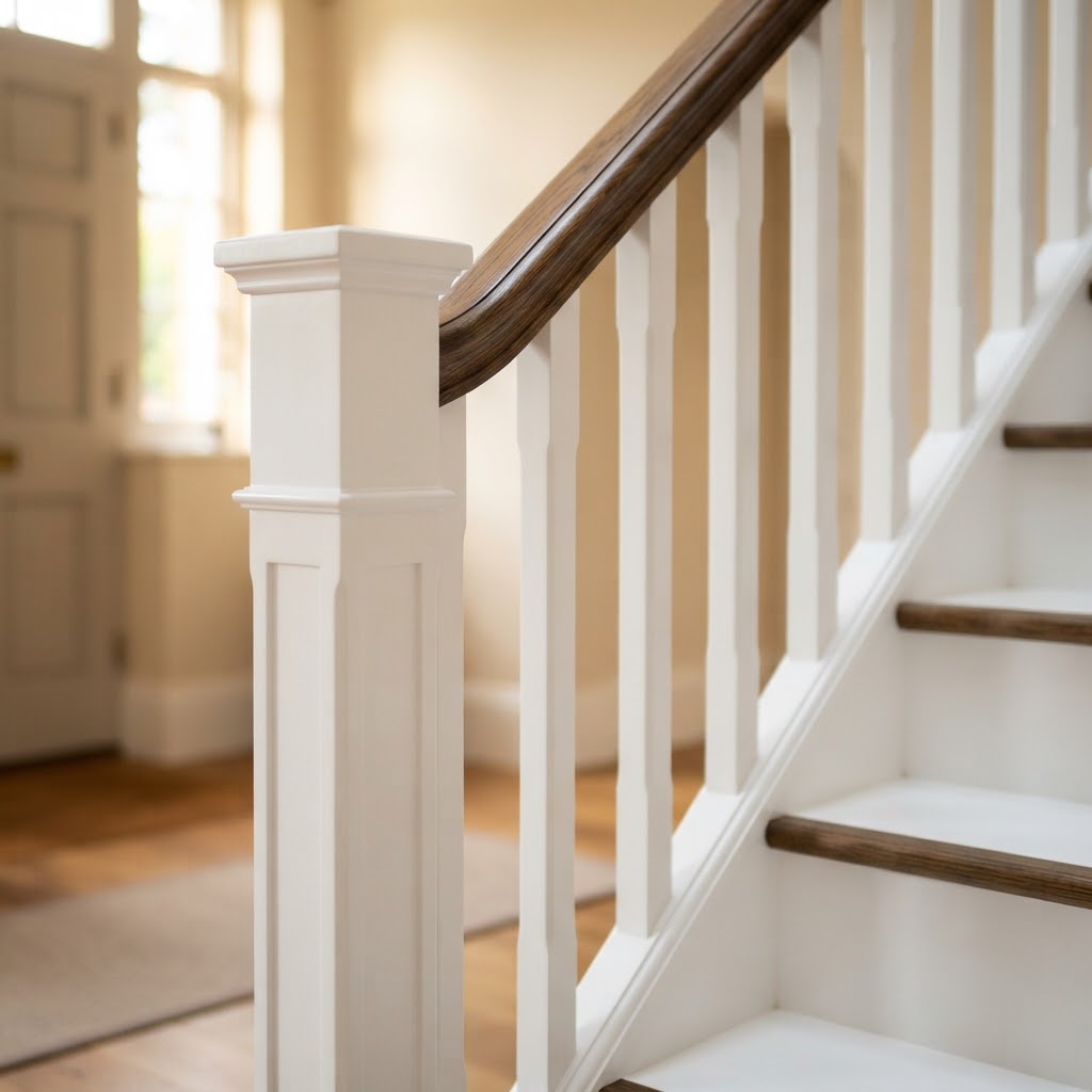 Freshly painted staircase spindles and handrail woodwork