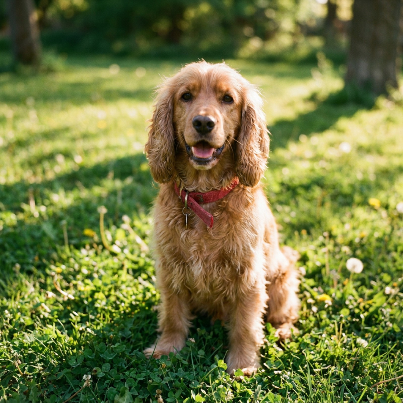 A friendly cocker spaniel in a red collar sitting on the grass