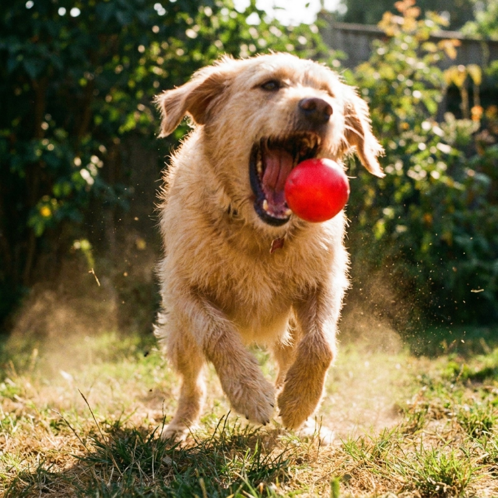 A dog leaping to catch a bright red ball in a garden