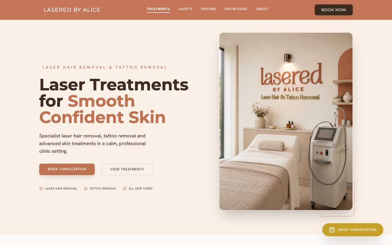 Lasered by Alice, Laser & Skin Treatments website design