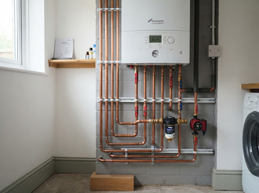 Modern boiler installation with copper pipework