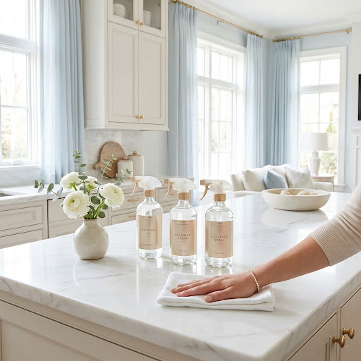 Luxury kitchen interior being cleaned with premium products