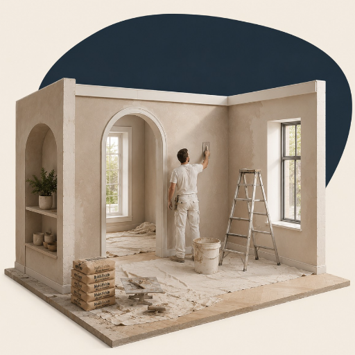 Showcase of a freshly plastered minimalist room with flawless white walls.