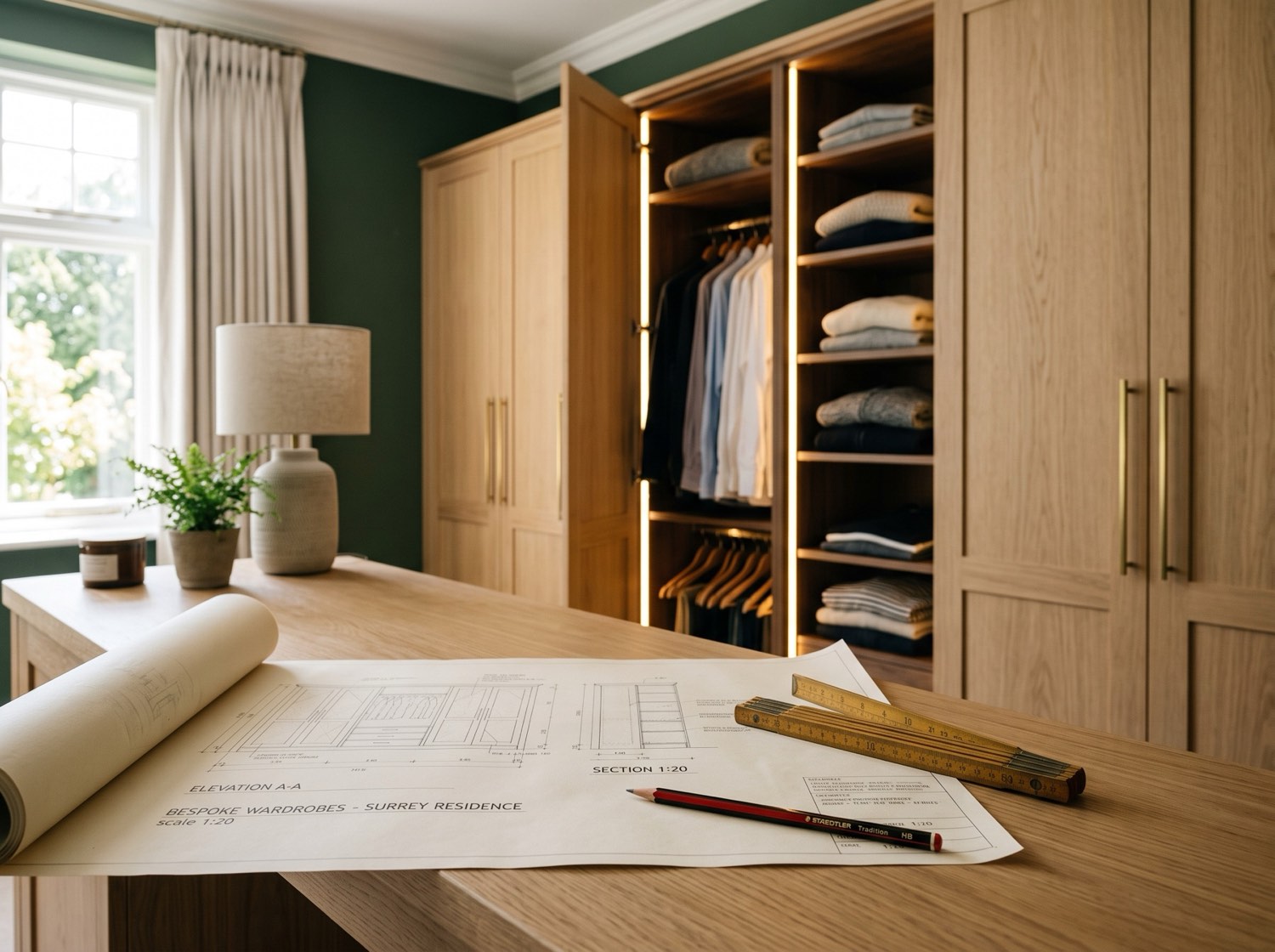 Bespoke fitted oak wardrobes in a Surrey home beside detailed architectural joinery drawings