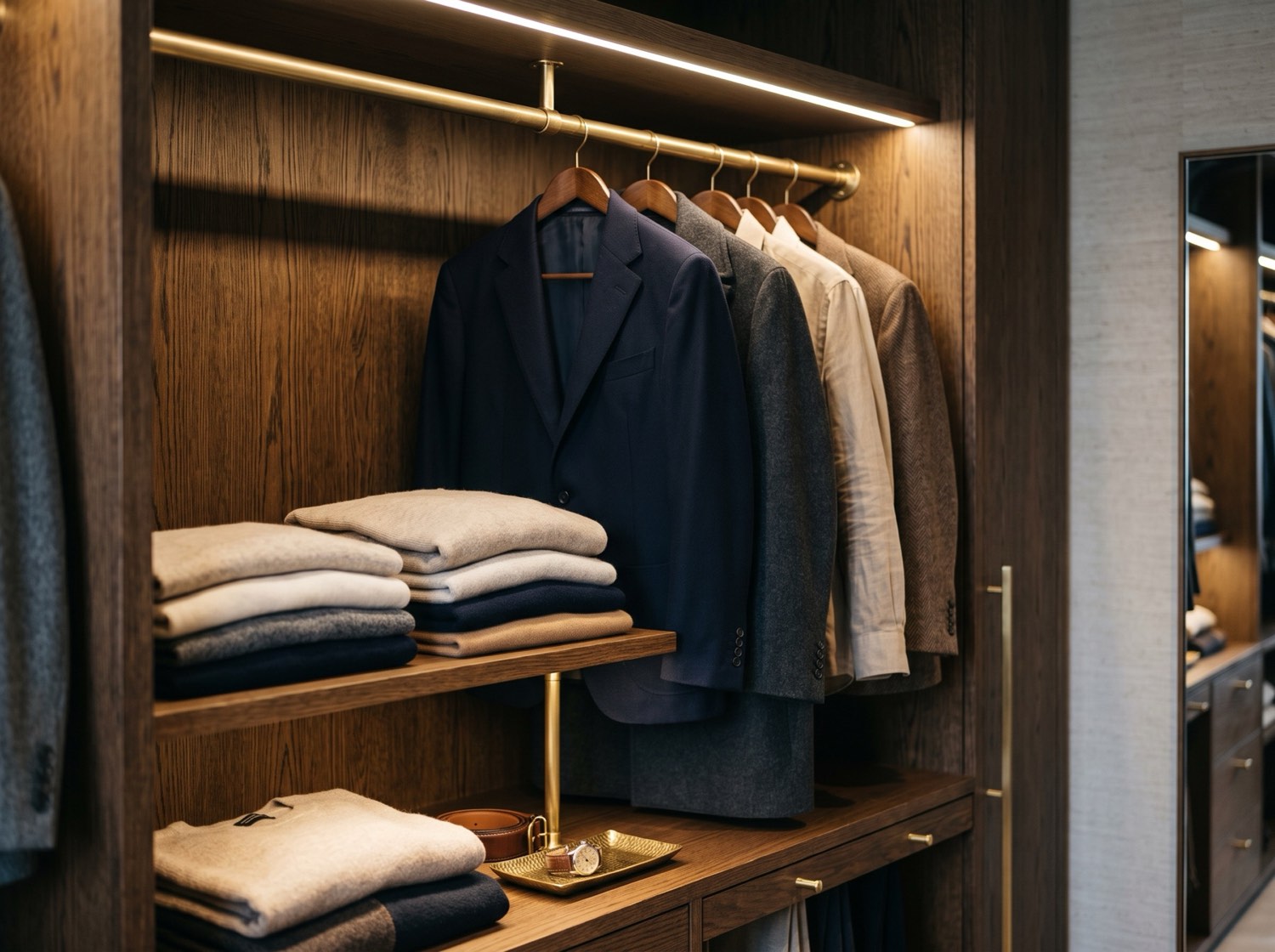 Finished dressing room interior with integrated lighting and a brushed-brass hanging rail