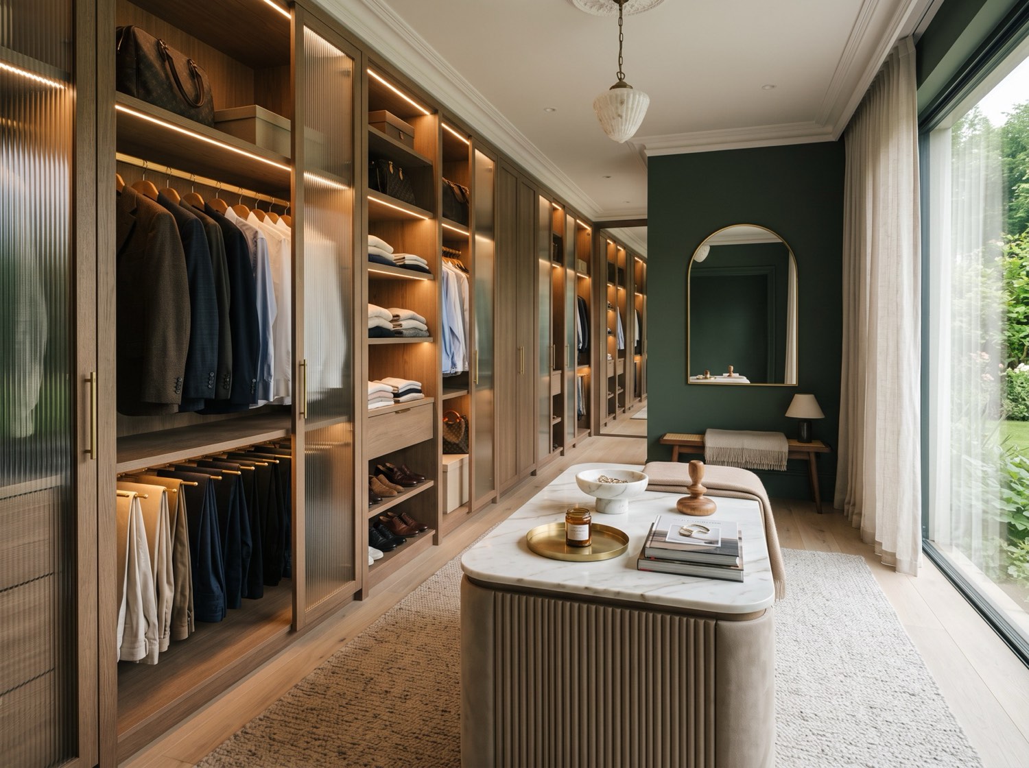 Completed bespoke walk-in dressing room in smoked oak with fluted glass, brass and a central upholstered island