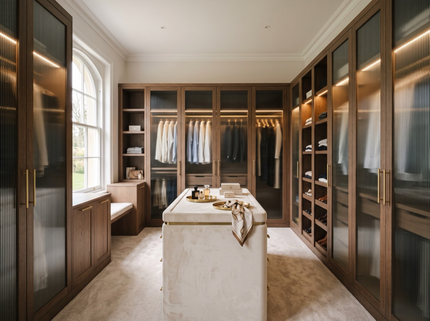 Completed luxury walk-in dressing room with floor-to-ceiling fitted wardrobes and integrated lighting