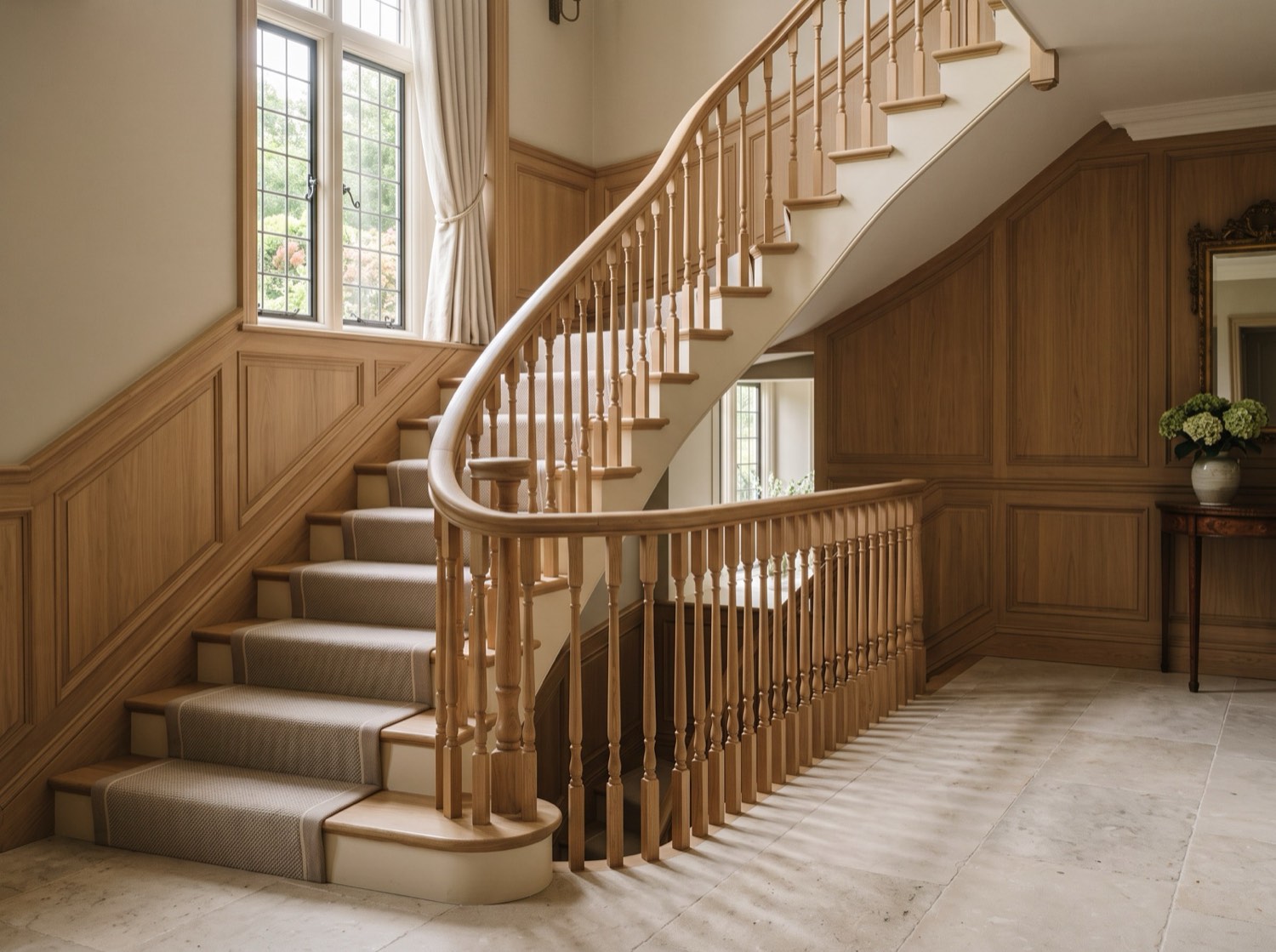Finished bespoke curved oak staircase with timber balustrade and wall panelling