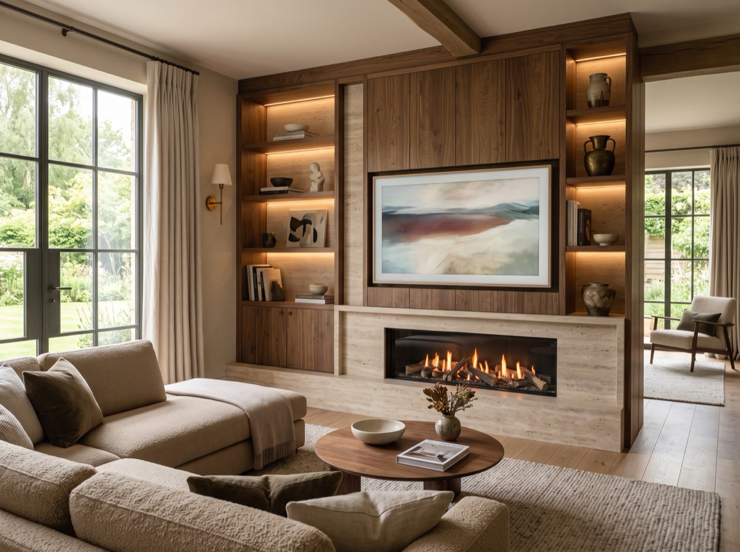Completed high-end media wall with fitted cabinetry, fireplace and concealed lighting