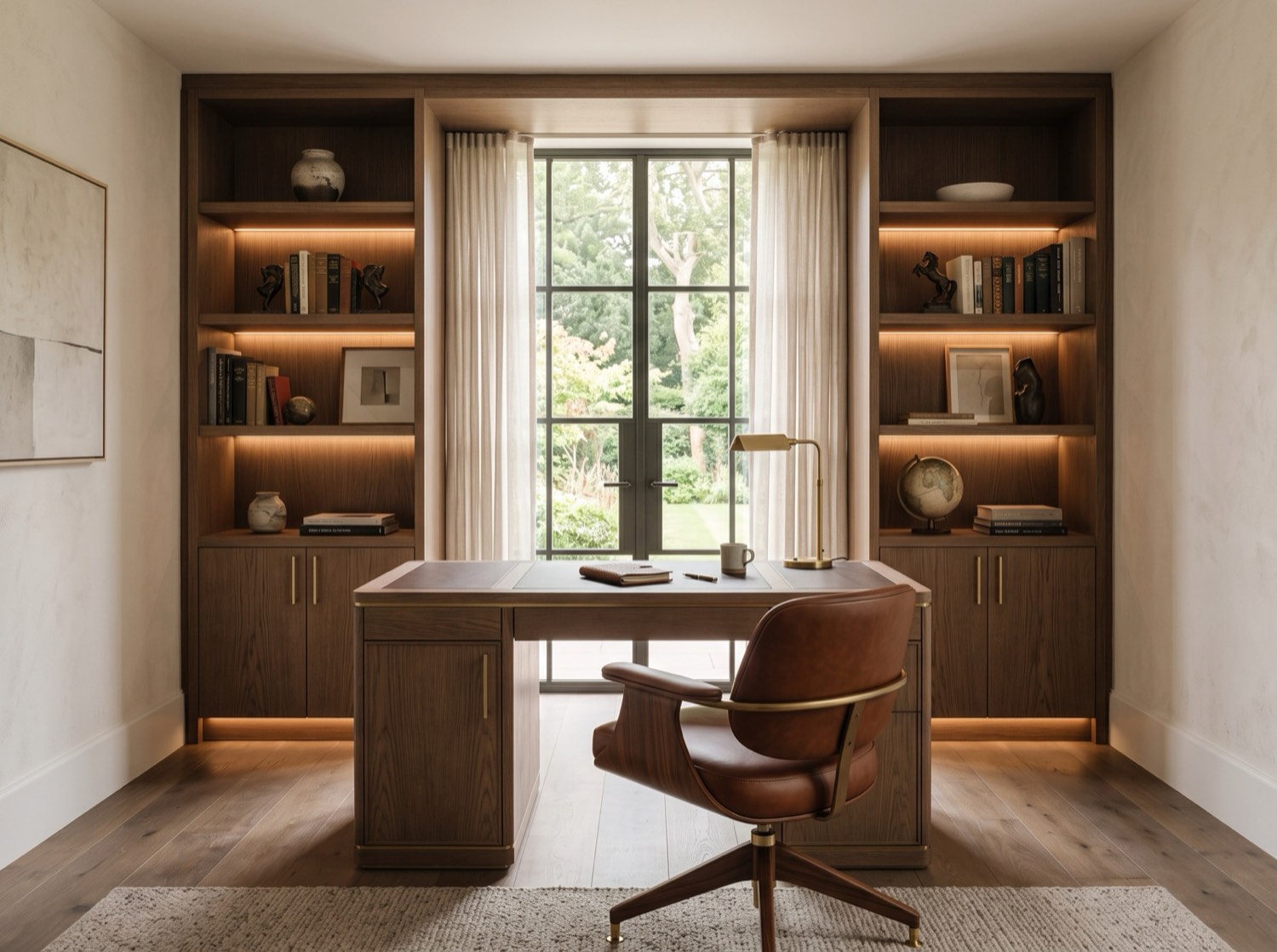 Sophisticated built-in home study with fitted oak shelving and a built-in desk