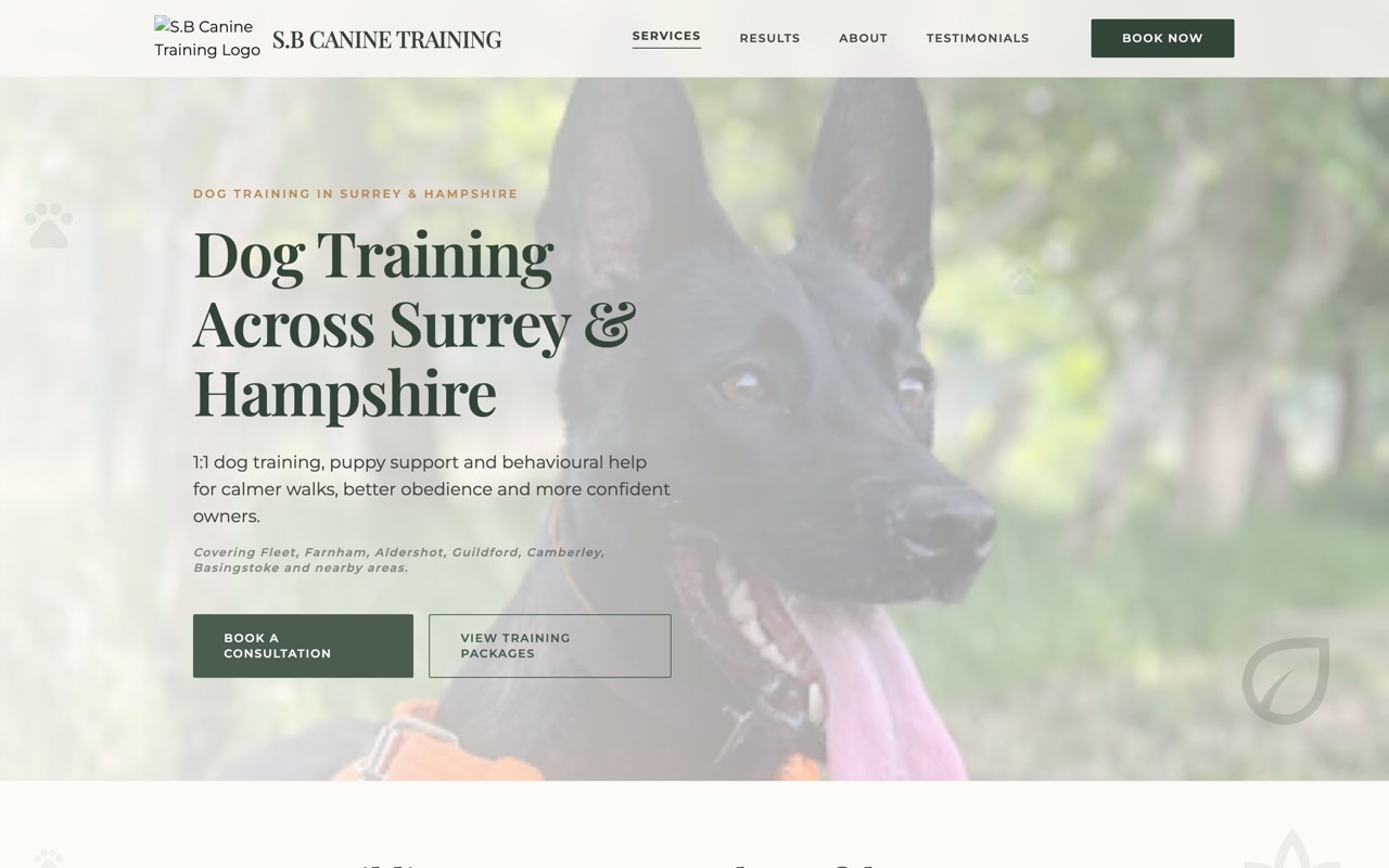 S.B Canine Training, Dog Training · Surrey website design