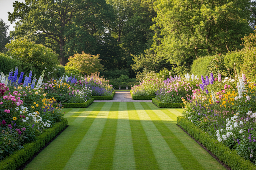 Professional, high-quality photography of a beautifully landscaped UK garden